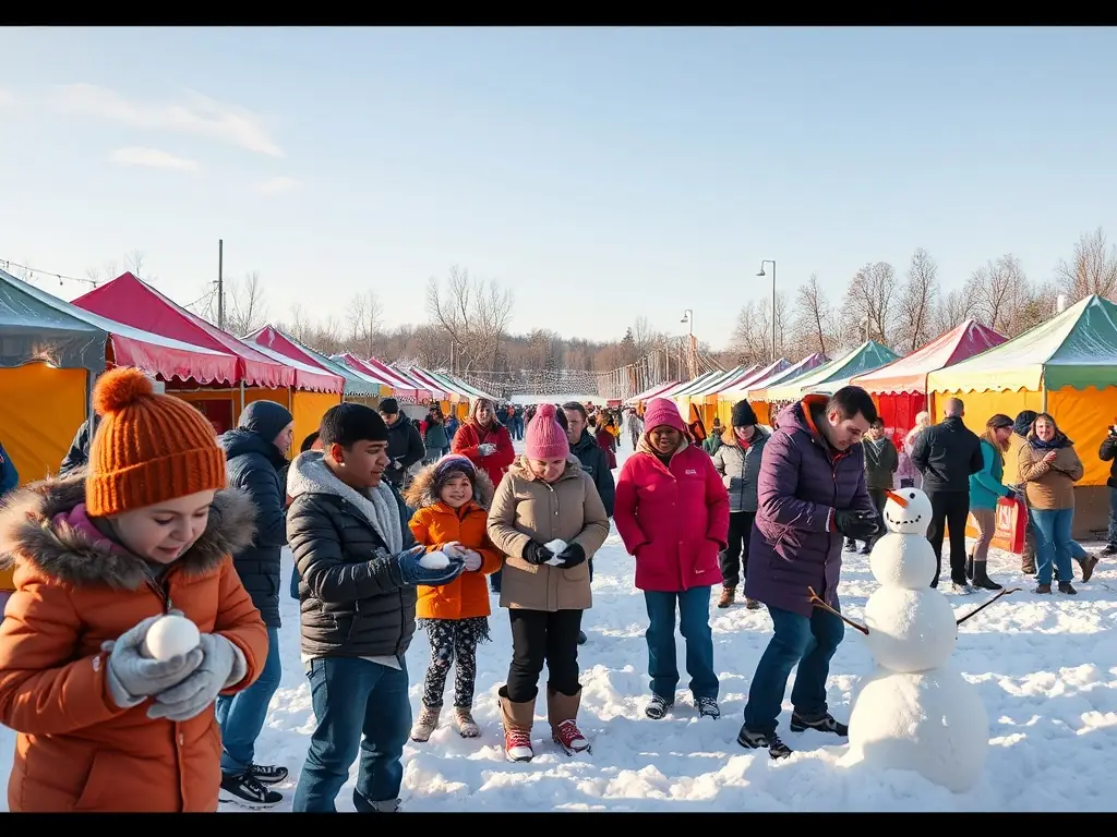 A lively winter festival scene with families and volunteers enjoying outdoor activities amidst snowy scenery, representing the Community Outdoor Events.