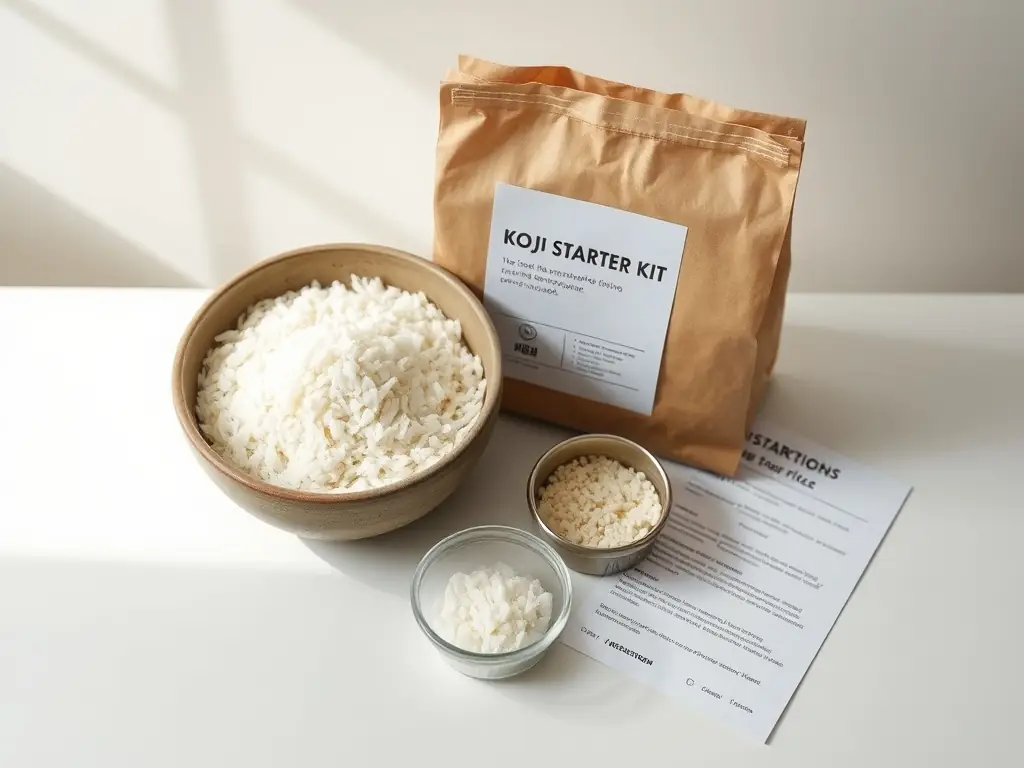 A well-organized Koji Starter Kit, including rice, spores, and instructions, set against a clean, modern background.
