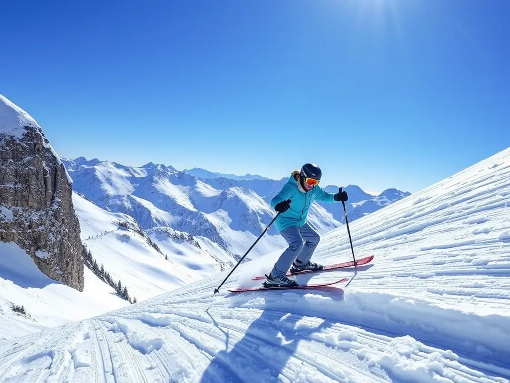 A group of diverse participants learning to ski on a snowy mountain slope, guided by an instructor in bright gear, showcasing the Mountain Sports Initiations program.