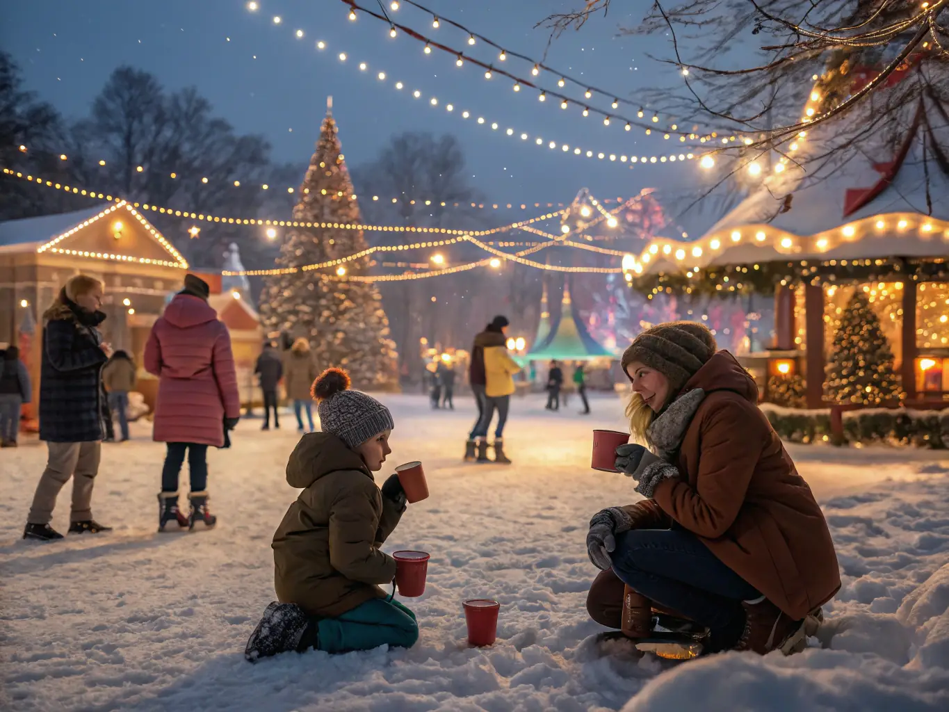 A lively winter festival scene with families and volunteers enjoying outdoor activities amidst snowy scenery, representing the Community Outdoor Events program.