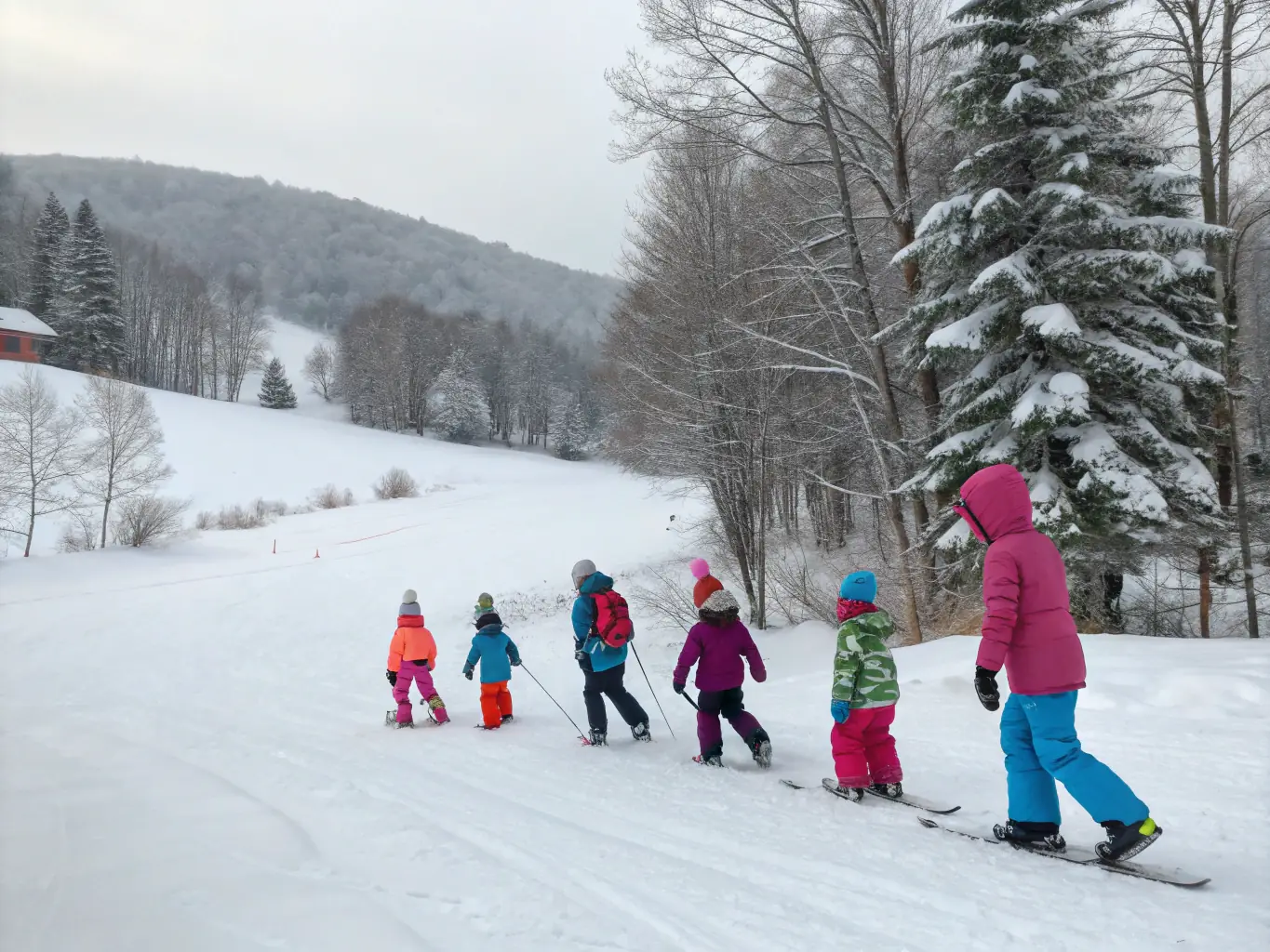 A group of diverse participants learning to ski on a snowy mountain slope, guided by an instructor in bright gear, showcasing the Mountain Sports Initiations program.