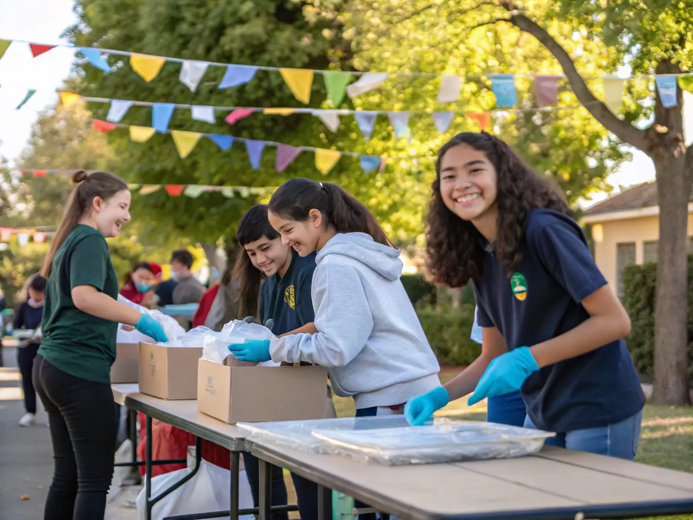 A photograph capturing a group of SKI CLUB TELEMECA members volunteering at a local community event, emphasizing the organization's commitment to social solidarity.