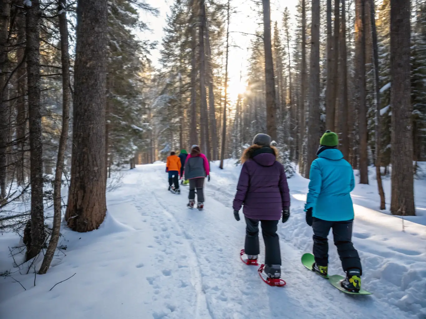 A group of diverse individuals laughing and enjoying a snowshoeing outing in a serene mountain setting, showcasing the community aspect of SKI CLUB TELEMECA.