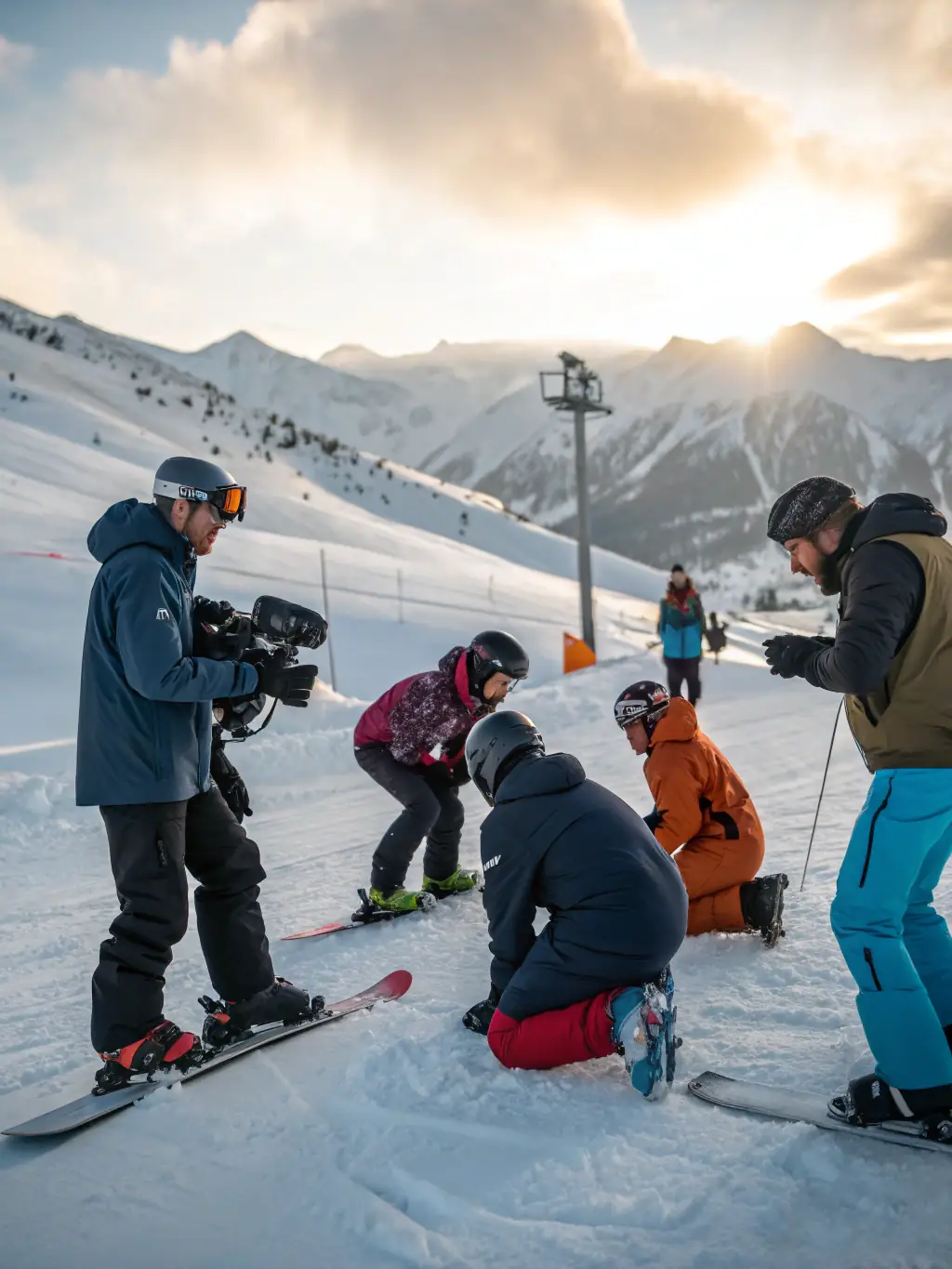 A group of participants learning basic skiing techniques during a SKI CLUB TELEMECA initiation session, emphasizing skill development and personal growth.