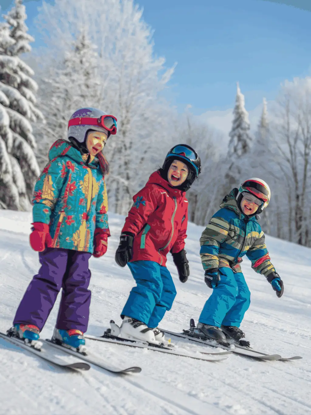 A group of children learning to ski with instructors on a gentle slope, showcasing the beginner-friendly mountain sports initiation program offered by SKI CLUB TELEMECA.