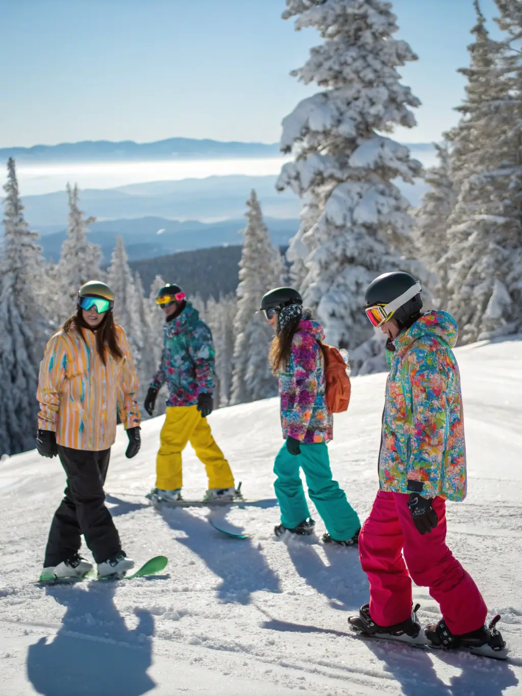 A group of experienced snowboarders performing tricks in a terrain park, showcasing the advanced training and skill development opportunities offered by SKI CLUB TELEMECA.
